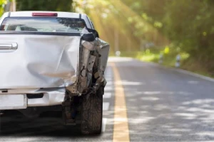 The damaged rear end of a white truck in Rock Hill. 